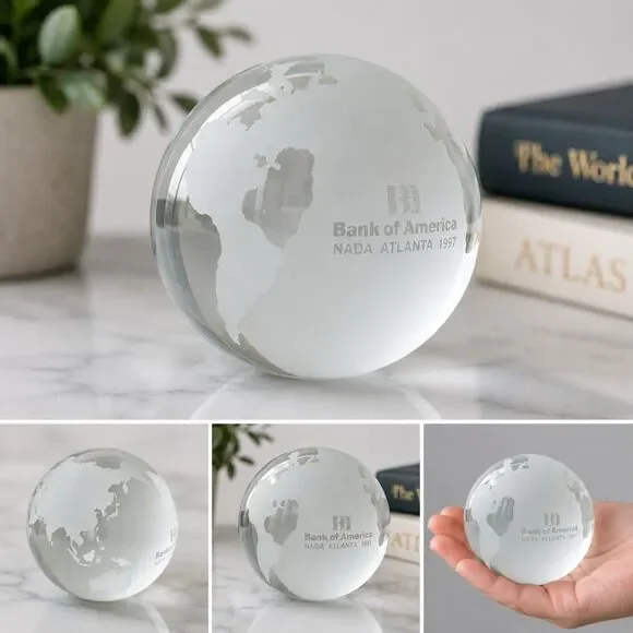 Vintage Glass Globe Paperweight Frosted World Map Bank of America NADA...