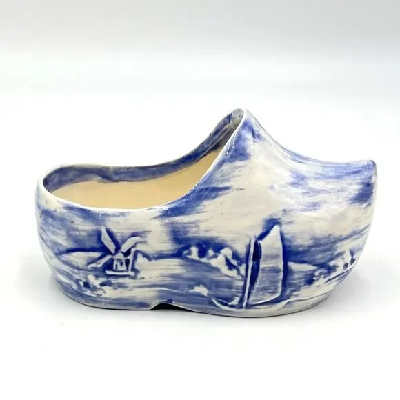 Vintage Holland Pottery Dutch Blue & White Scenic‎ Small Shoe Clog