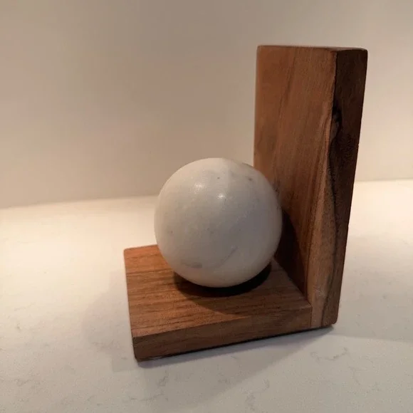 Marble & Wood Single Modern Bookend NEW Sturdy Heavy Simple Minimalist Bookish