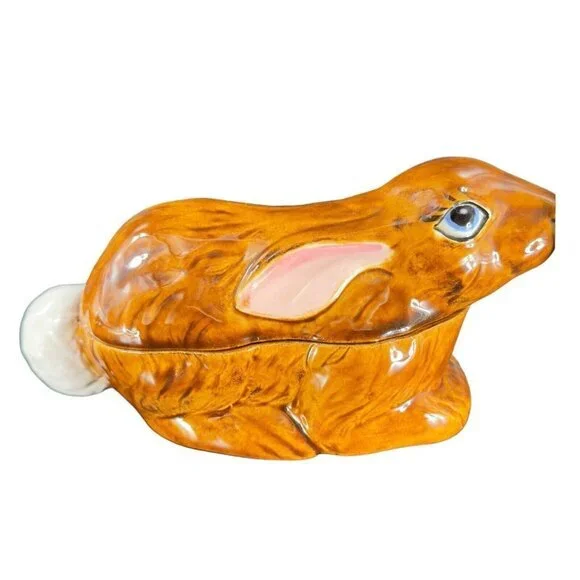 Hand Painted Ceramic Bunny Rabbit‎ Covered Dish W Lid Signed 1980s Vintage Decor