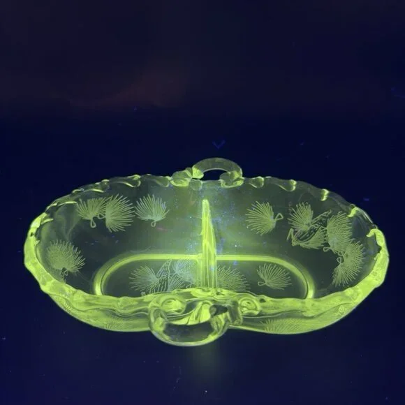 Fostoria‎ Etched Glass Two Part Relish Tray Appetizer Dish Manganese 365nm UV