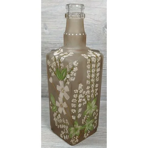 Japanese Glass Decanter Bottle Hand Painted Cherry Blossom Floral Design Vintage