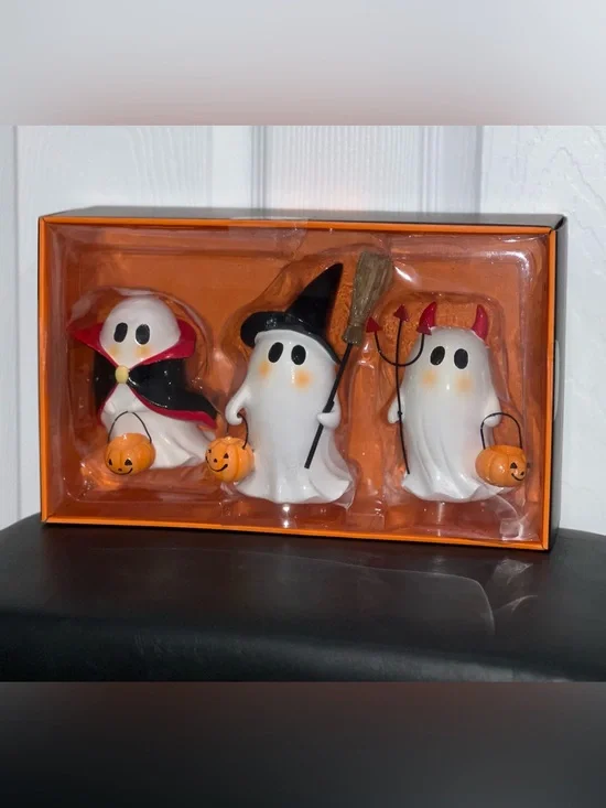 Set of 3 Halloween Ghost Figurines with Pumpkin Buckets