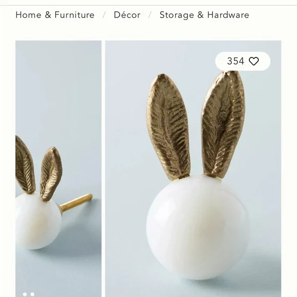 Anthropologie White Ceramic Knob with Gold Bunny Ears