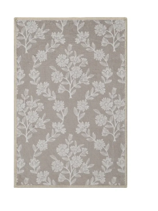 Floral Accent Indoor Door Mat in Taupe and White