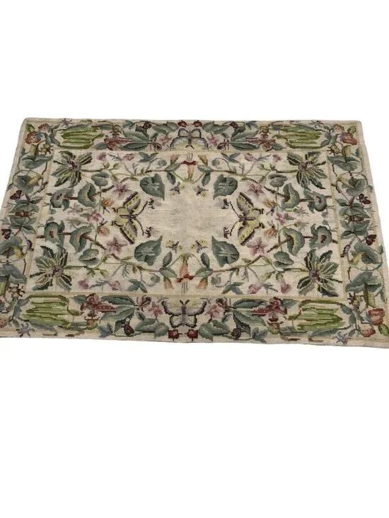 Needlepoint Hand Embroidered Aubusson Style Tapestry Rug Green Botanical Print 3