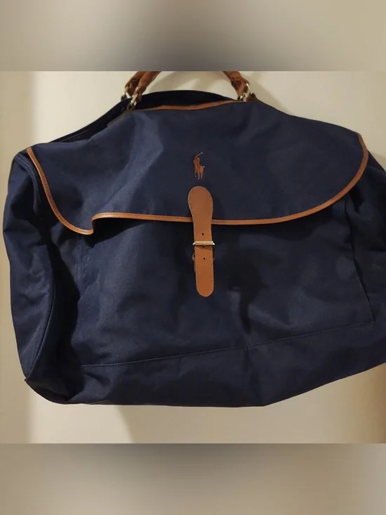 Ralph Lauren Navy Canvas Duffel with Brown Leather Trim- no shoulder strap