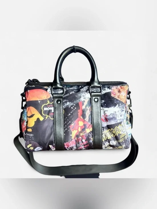 Men's Black Graphic Patchwork Duffel Bag with Leather Handles