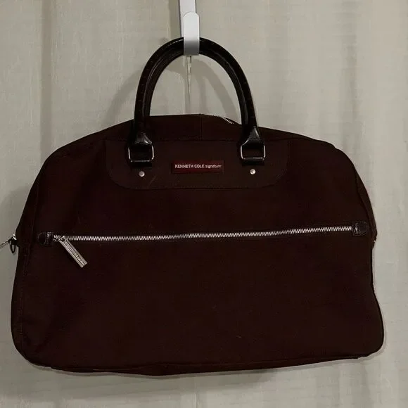 KC Sig Brown Canvas Faux Leather Silver Tone Hardware Duffel Bag with a Strap