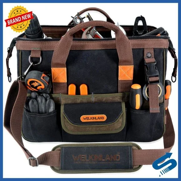Heavy-Duty Waxed Canvas Tool Bag Organizer 32-Pockets Professional Electrician