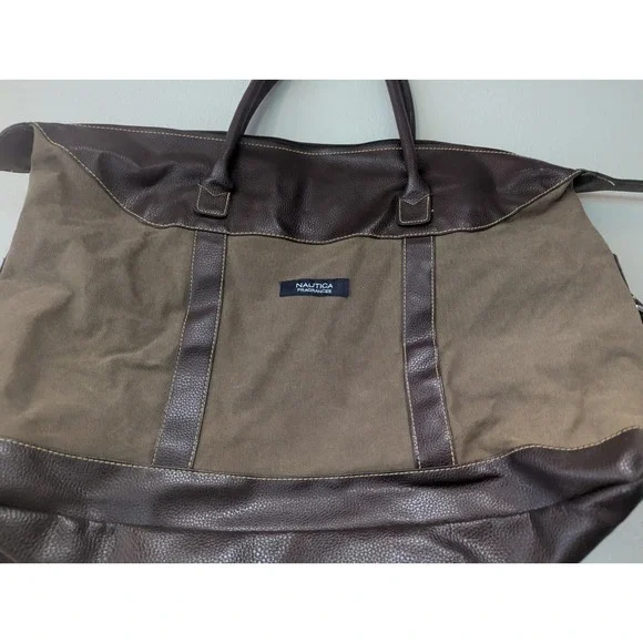 Nautica Fragrances Large Brown Army Olive Green Canvas Travel Duffel Message Bag