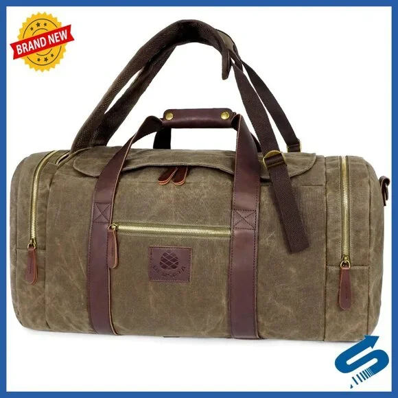 Vintage Waxed Canvas Duffle Bag Large 50L Travel Overnight with Shoe Compartment
