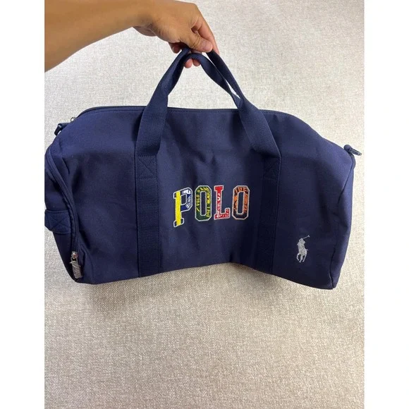 Ralph Lauren Fragrances Navy Blue Canvas Duffel Bag Polo Embroidered Weekend Bag