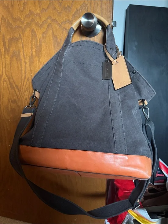 Coach Gray Canvas Duffel with Tan Leather Trim