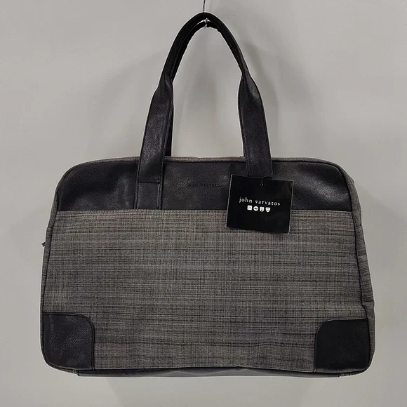 New John Varvatos Duffel Travel Weekend Bag Black Gray Zip Top Double Handles