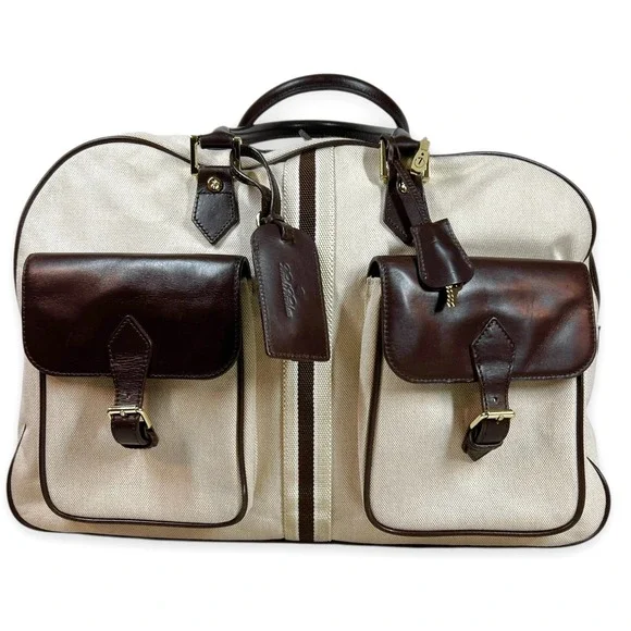 VTG Brooks‎ Brothers Heritage Canvas Leather Travel Bag Medium Duffel Beige Lock