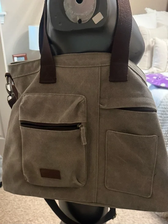 & Other Stories Canvas Duffel Bag in Olive Brown with Dark Brown Straps