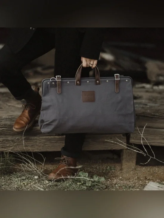 Men's Charcoal Canvas Duffel weekender bag with Brown Leather Trim