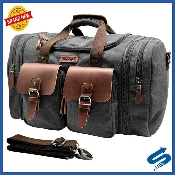Expandable Canvas Leather Duffle Bag Retro Classic Travel Weekender Carry On