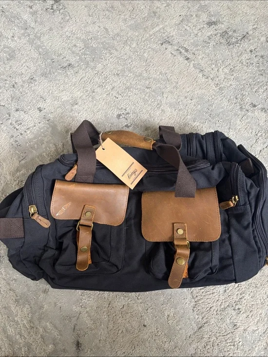 Black Canvas Duffel Bag with Brown Leather Accents