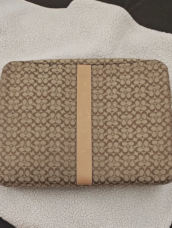 Coach Brown Signature Canvas Laptop Sleeve with Tan Leather Stripe