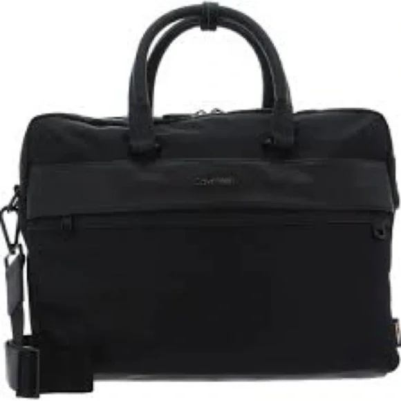 Calvin Klein Black Leather Laptop Adjustable Removable Strap Leather Handles