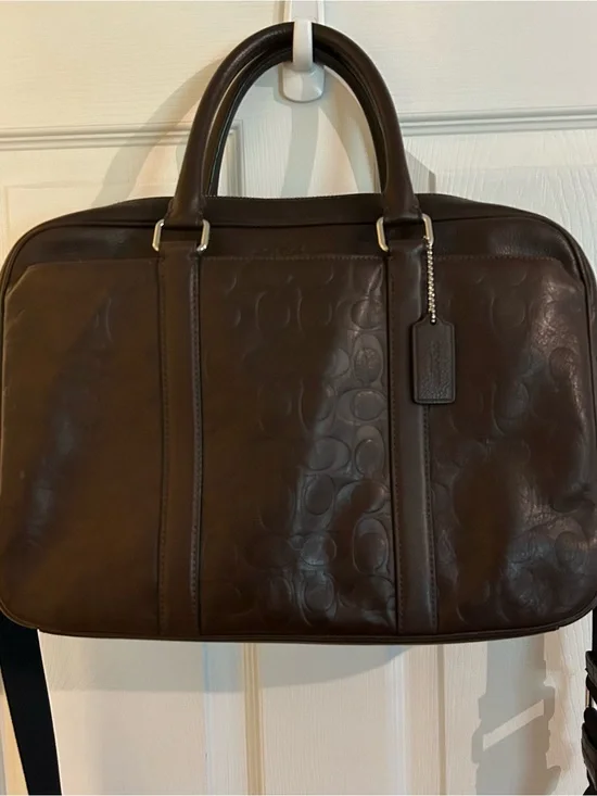 Coach Slim Brief Men's Embossed Leather Laptop Bag - Dark Brown F71798