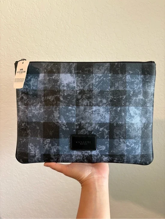 COACH Black and Gray Check Tablet Travel Pouch