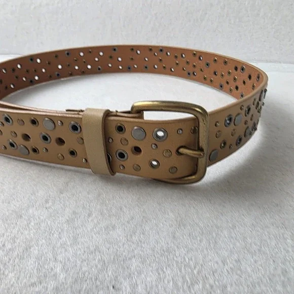 Tan Bonded Leather Studded Grommet Belt Brass Buckle Medium 100395