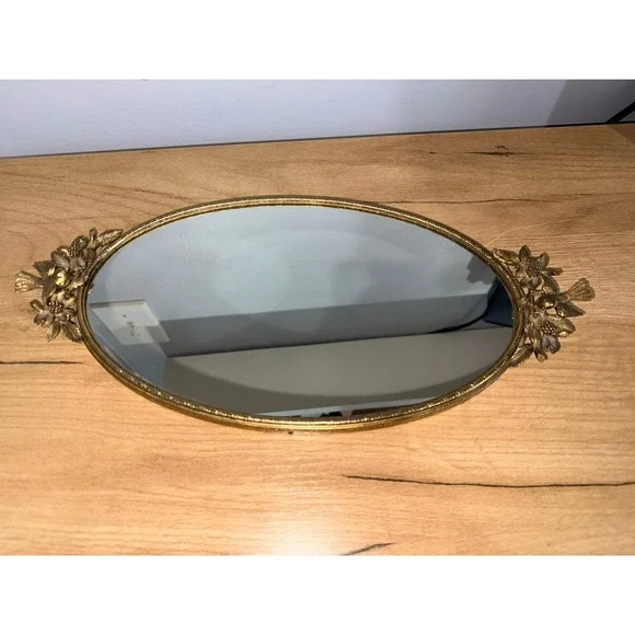 Ornate Vintage Brass Gold Floral Birds Filigree Oval Mirror Vanity‎ Makeup Tray