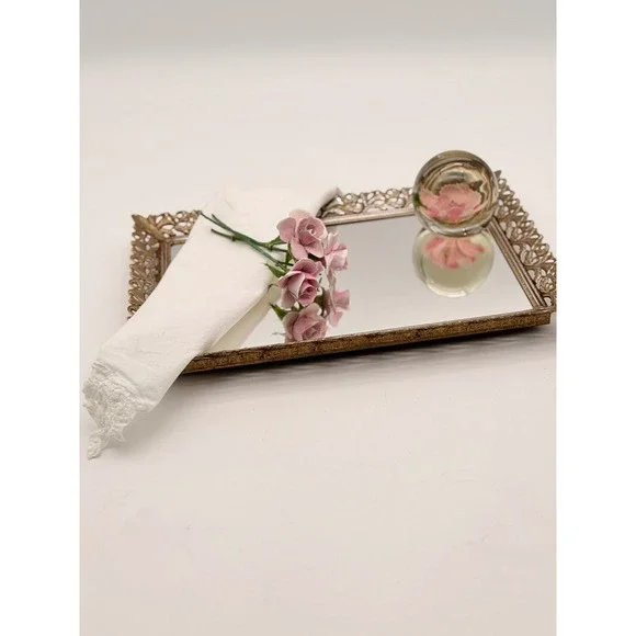 Vintage Hollywood Regency Gold Filigree Mirrored Vanity Tray Ornate Rectangular