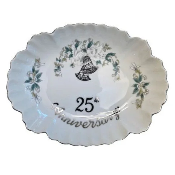 25th Silver Anniversary Porcelain Trinket Dish Scalloped Oval Tray Doves Bells