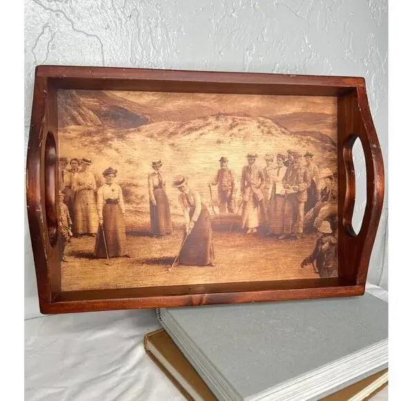Vintage Wooden Tray Golf Scene Vintage Golf Playing Scene Rustic Traditional