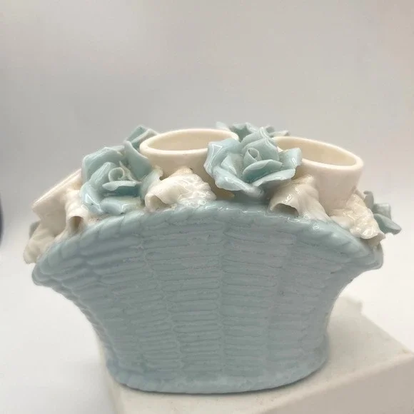 Vtg Rare I.W.Rice Japan Vanity Lipstick Holder Blue white porcelain‎ Basket 50s