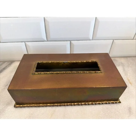 Vintage‎ Hollywood REGENCY Bronzed Brass Tissue Box Cover Bamboo Trim Look ES004