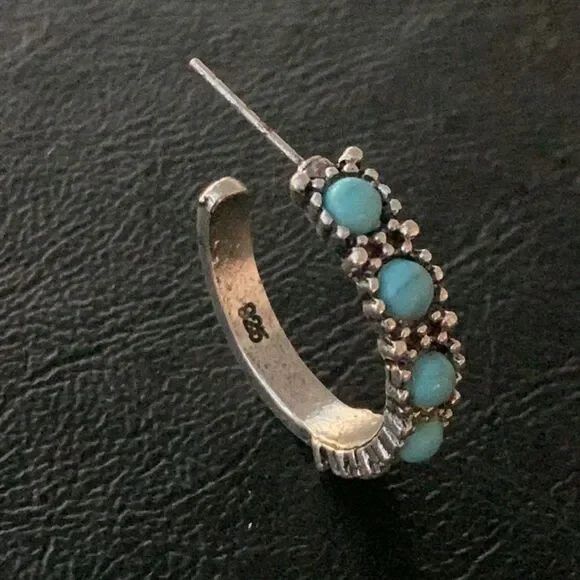 Men’s Sterling Silver Hoop Earrings with Faux Turquoise Cabochons