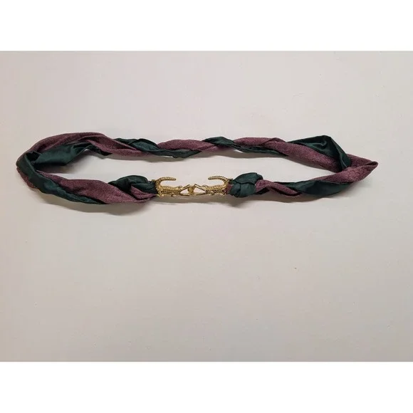 Vtg Braided Rope Belt Green Purple Gold Tone Alligator Crocodile Buckle 32