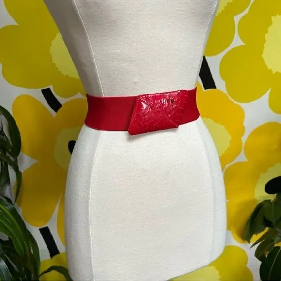 Vintage 1980s Cherry Red Elastic Belt with Snakeskin Buckle