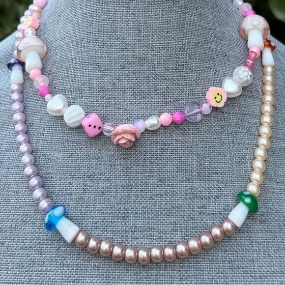 Two (2) Urban Outfitters OU Layering Pink Mushroom Flower Heart Necklaces NWT