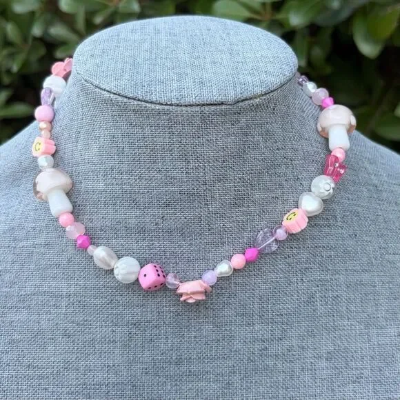 Urban Outfitters OU Layering Pink Mushroom Flower Heart Necklace NWT Cottagecore