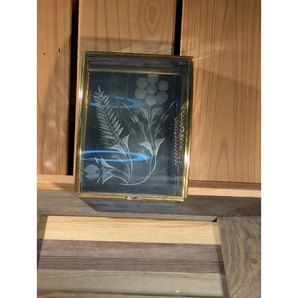 Vintage Etched Glass Trinket Box Mirrored Bottom‎ Brass Flower Design