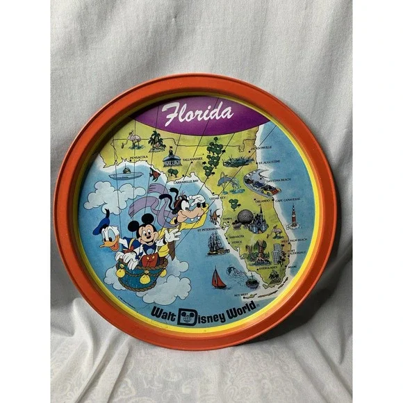 Vintage 1970s Souvenir Walt Disney World Florida‎ Map Round Metal Tray