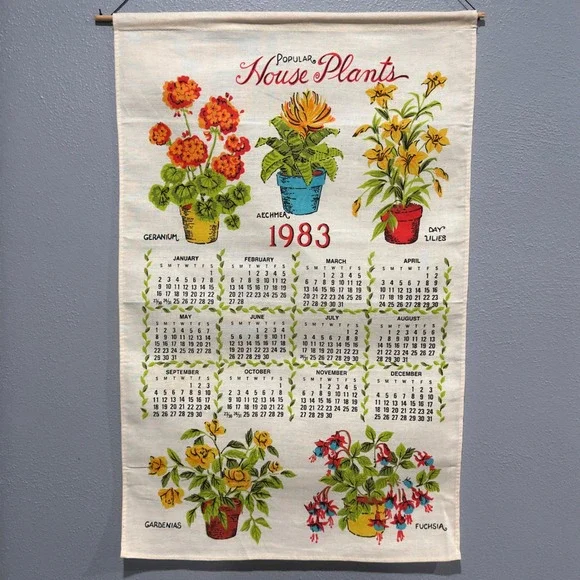 Vintage 1983 Popular House Plants Linen Calendar Tea Towel Wall Hanging Retro