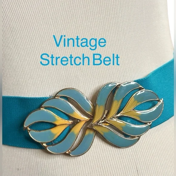 1980's Stretch Belt Blue with Enamel Leaf Flame Buckle Adjustable Size