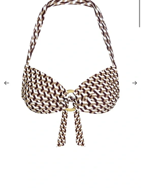 Monday Swimwear Brown & Cream Geometric Halter Bikini Top with Gold Ring