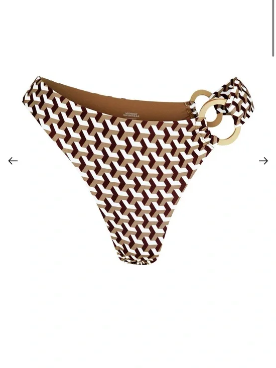 Monday Swimwear Brown and Cream Geometric Ring-Detail Bikini Bottom