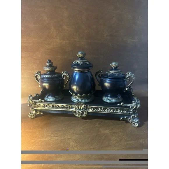 Hollywood Regency Resin Inkwell & Urn Vanity Tray 4pc Set Black Gold Decor