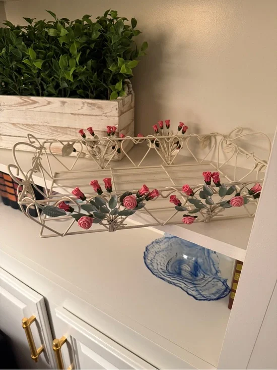 Vintage Cottage Cream Metal Wire Rose Tray Shabby Chic Pink Floral Vanity Basket