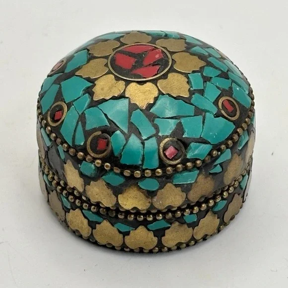 Vintage Trinket Box Turquoise Coral - Tibetan Style Brass Filagree‎ Hand Crafted