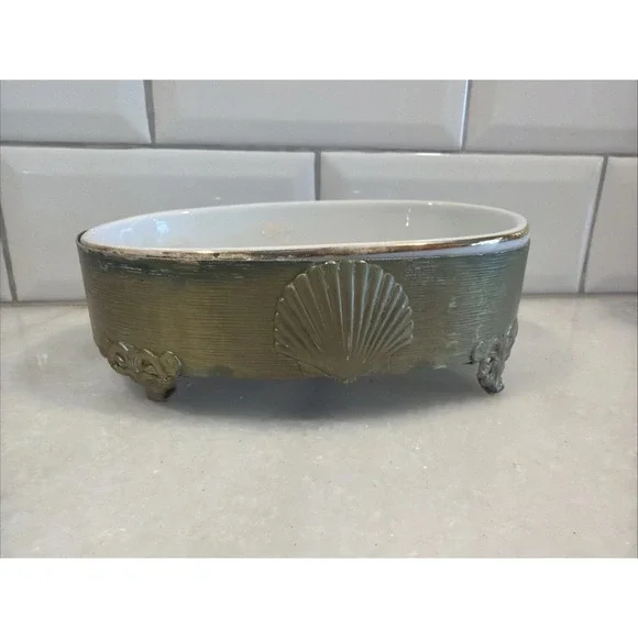 Oval Brass‎ With Shell Detail White Soap Dish Tray 5 3/4x2x3 3/4 In ES001